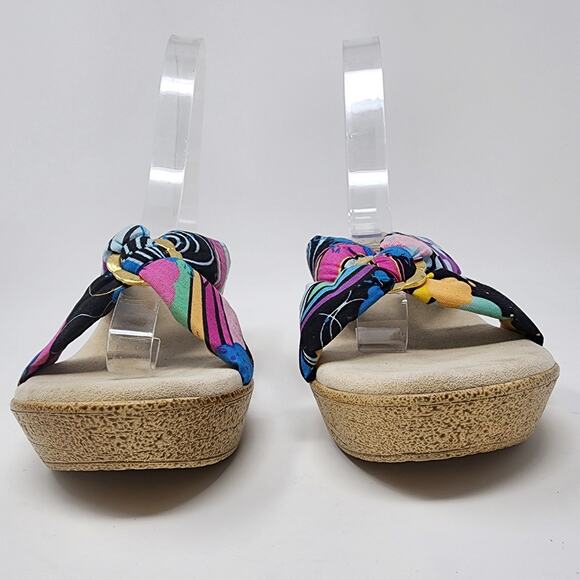 Island Slipper Wedge Women 8 Colorful Pink Black Fabric with Gold Ring Comfort - Picture 5 of 10